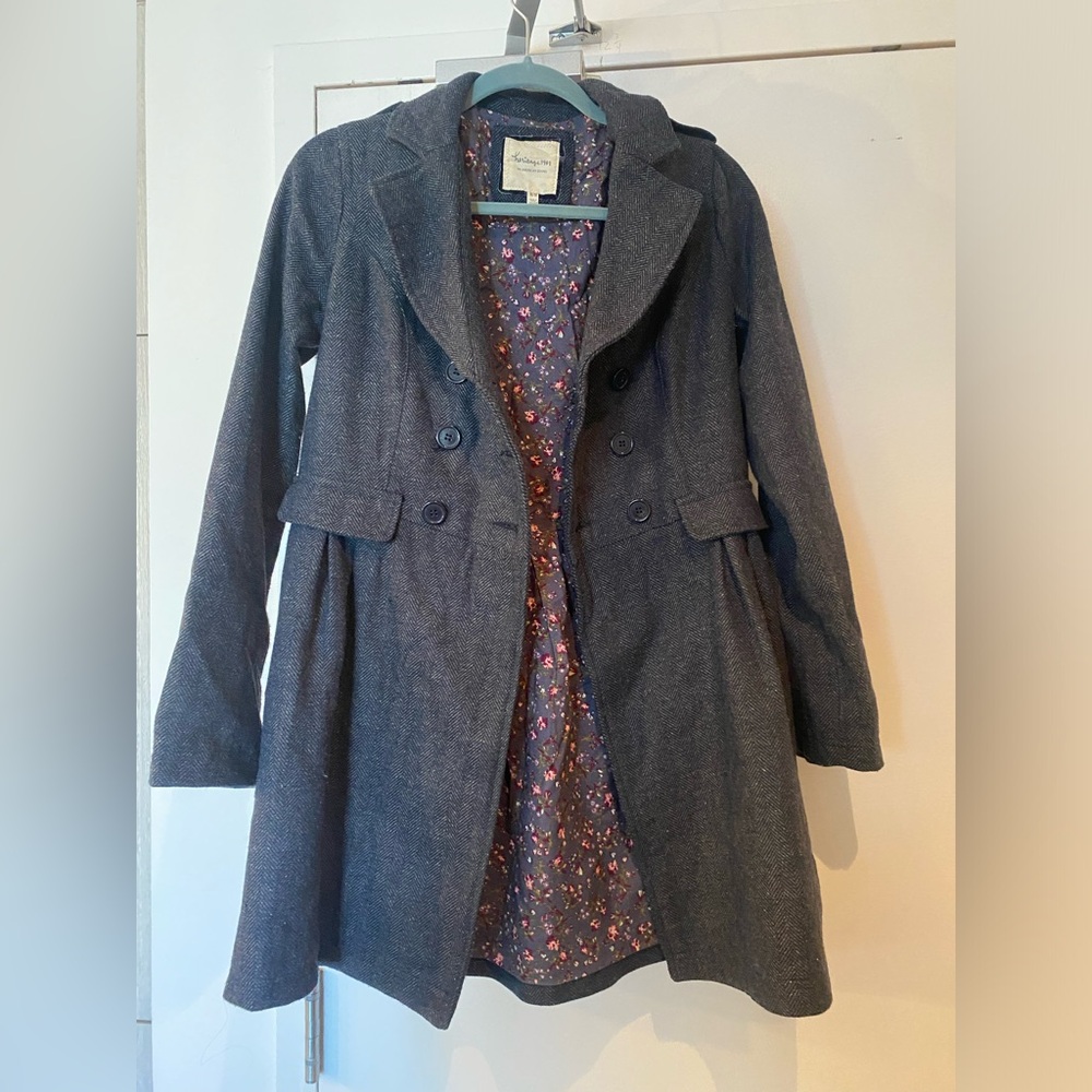 Grey herringbone pea coat with floral lining